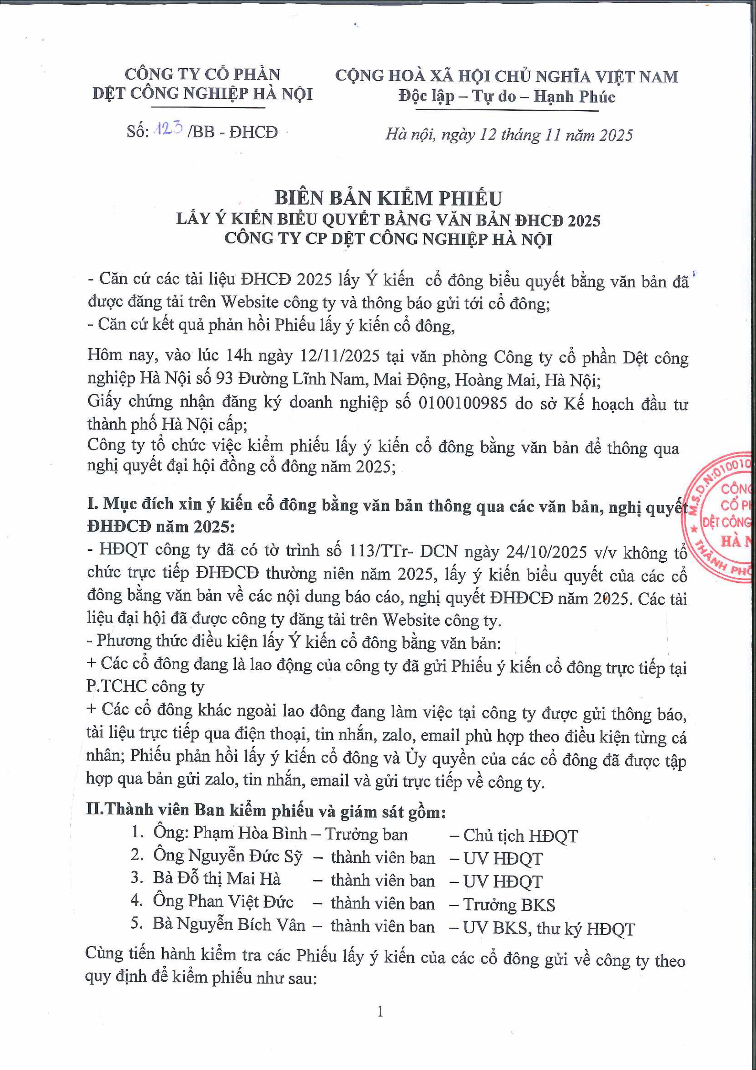 Biên bản kiểm phiếu và Nghị quyết Đại hội cổ đông 2025